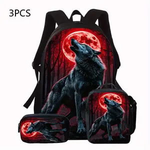 This three-piece wolf-themed backpack set includes one shoulder bag, one crossbody bag, and one pencil case. Featuring a lightweight polyester lining and adjustable shoulder straps, it's ideal for school and travel. It boasts a wolf howl pattern design, d