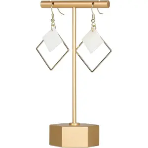 Gold Metal Earring T Bar Stand, Single small earring hanger display, Retail earring holder for show, Jewelry earring organizer for Online store Photography【Gold-Hexagon Base Height 4.5"】