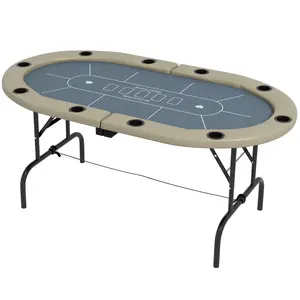 70" Foldable Oval Blue Poker Table - Blackjack, Texas Holdem Game Table with Cup Holders, Lightweight Portable Camping Furniture for Outdoor Events, Home Game Nights