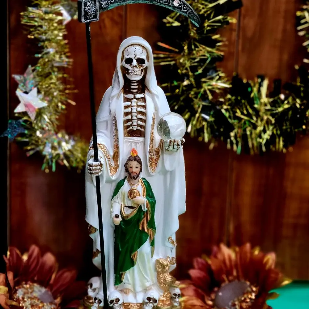 White Santa Muerte Statue with Saint Jude 14 inch holy death statue on moneystand religious home decor