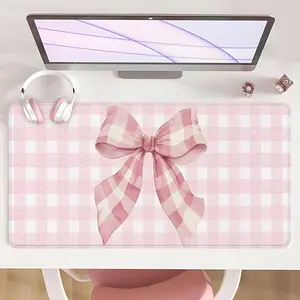 [Mouse Desk Pad] Non-Slip Mouse Pad Large Gaming Mouse Pad With Rubber Base & Stitched Edge Pink Grid Bowknot Design Desk Top Protector Mat For Home & Office Use Holiday Gift Idea