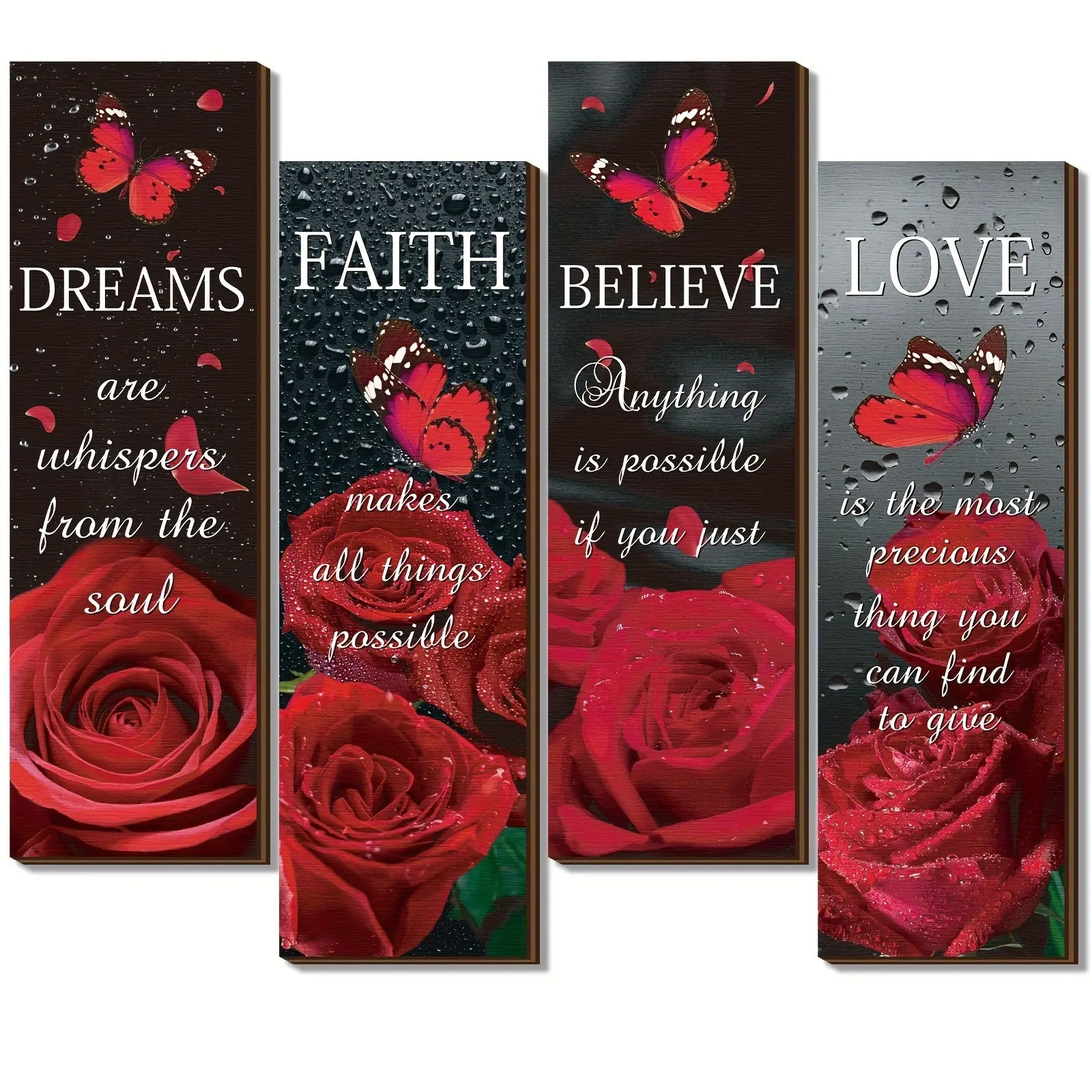 4 Piece Rose Aesthetic Wall Decor Set, Inspirational Quotes Wooden Signs, Rustic Floral Butterfly Bathroom Decoration Items for Home, Bedroom & Kitchen, Decorative Wall Art