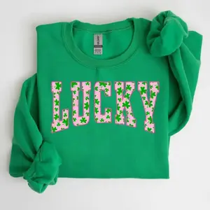 Lucky Clover sweatshirt with green shamrock design, perfect for St. Patrick’s Day, a cute Irish holiday sweatshirt combining festive style and cozy comfort. - LORA ATCHER
