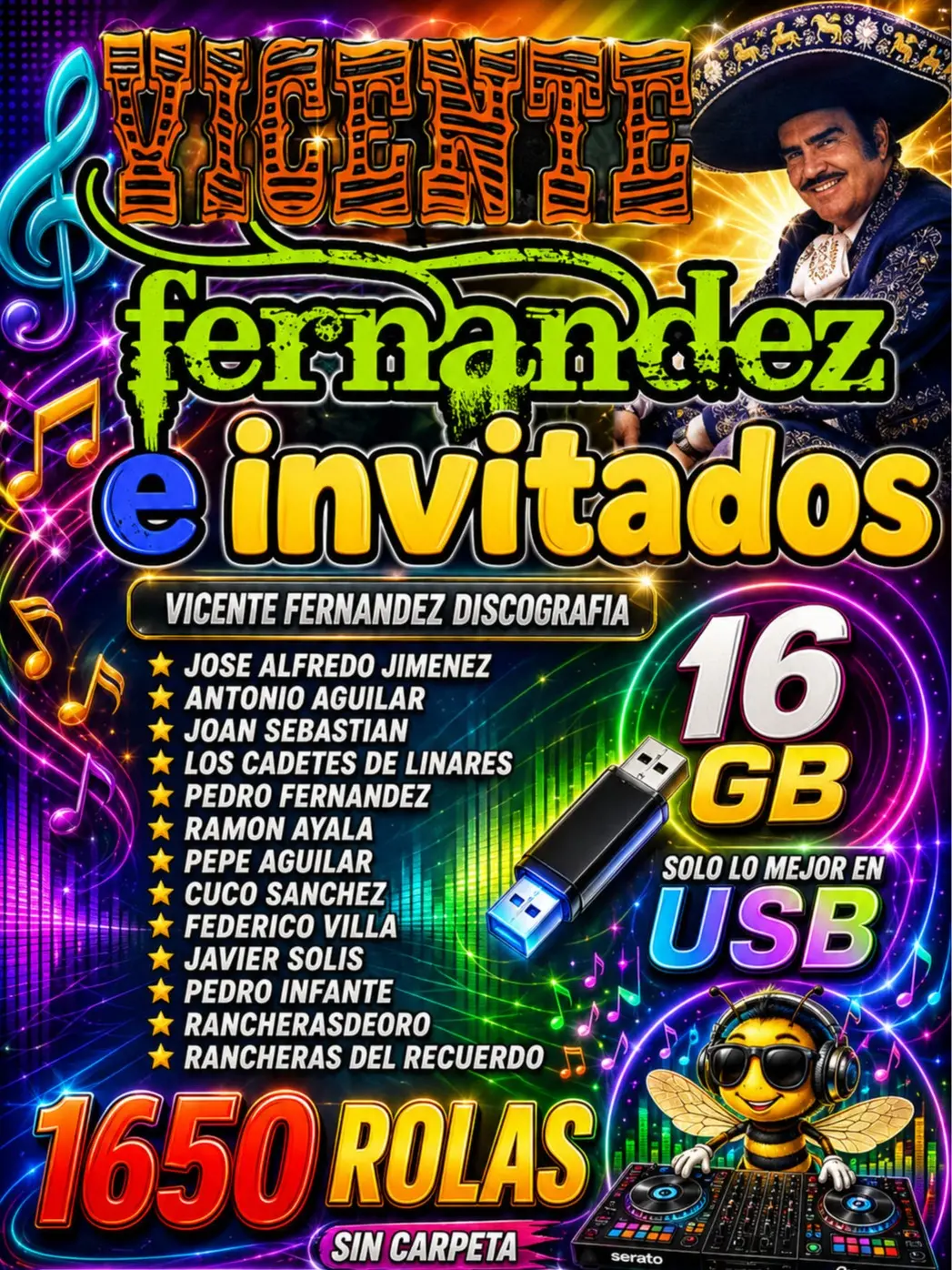 Vicente Fernandez & Invitados 16GB USB Drive - DJ Abeja Loca - Solo Lo Mejor - Music Collection