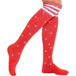 Woman's Rhinestone Over Knee High Stripe Knit Stockings Leg Warmers for Christmas Valentine's Day Events