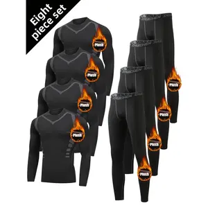 8pcs Fleece Sports Outfit for Men Breathable Durable 3-piece Formal Suit Casual Color Block Stretch Performance Fabric Tight-fitting Long Sleeve Top Sun Hoodie Shirt Sporty Yoga Set