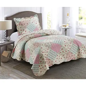 Pink and Green Rose Patchwork 2-Piece Quilt Set with 1 Sham, Reversible Bedspread, Soft Lightweight Coverlet, All-Season, Twin, Pink Green