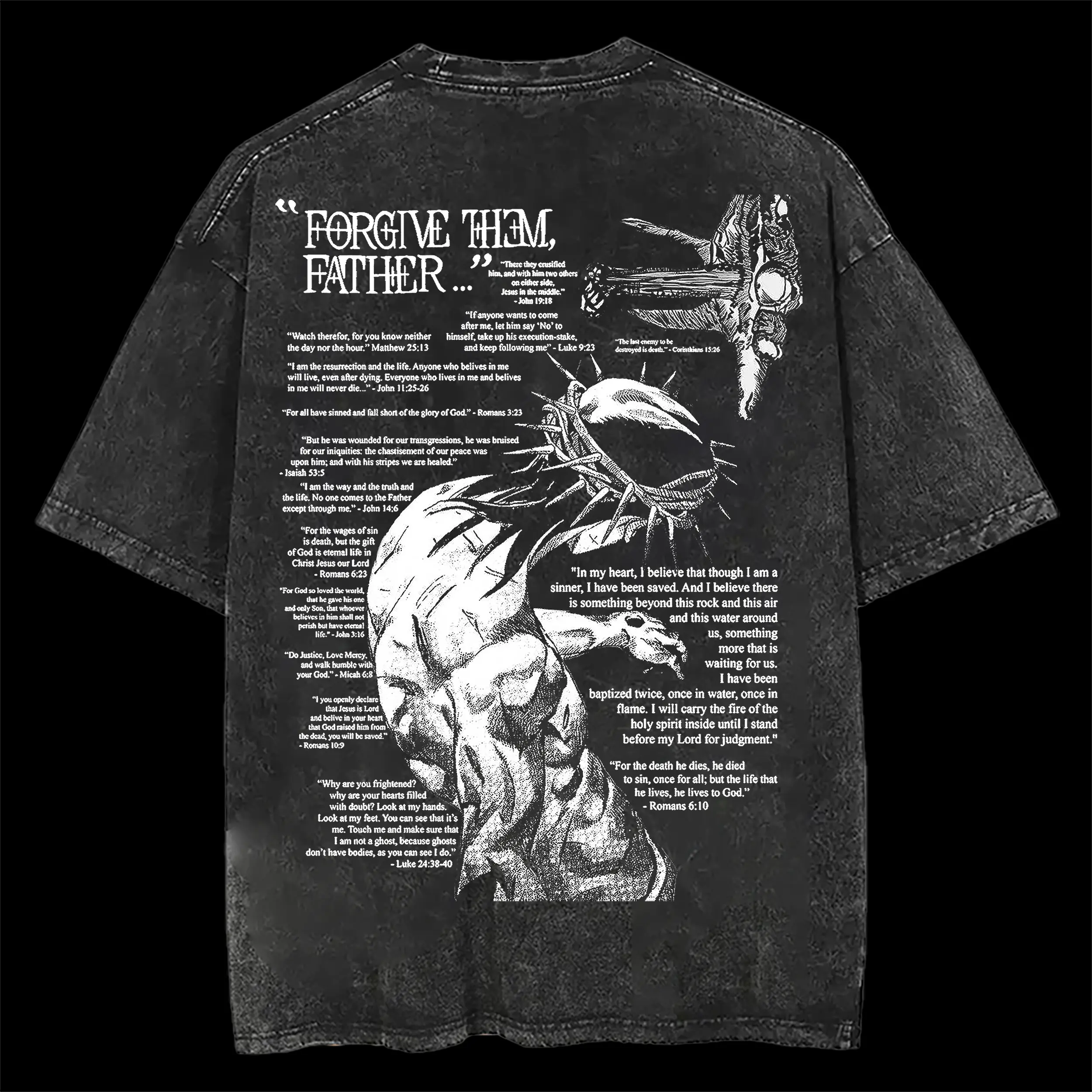 "Forgive Them, Father" Graphic T-Shirt Unisex Casual Crewneck Religious Artwork JoJo Anime-Inspired Jesus Spiritual Statement Pullover