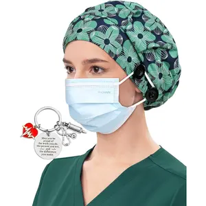 Satin Lined Bouffant Scrub Nurse Cap with 4 Buttons and Sweatband Adjustable