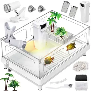 Small Turtle Tank Kit(tank+light+filter)  Starter Kit With Bask Platform Bottom Drain Multi-function Area For Reptiles.(white)