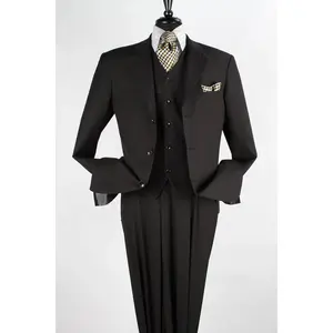 Mens Classic Fit 3 Button Vested Single Pleated Pant Suit in Black