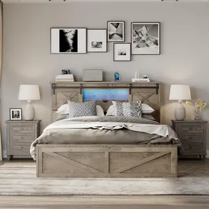 Bed Frame Queen Size with LED Lights and Charging Station, Wooden Queen Bed with 2 Storage Drawers, Rustic Headboard with Sliding Barn Door Storage Cabinets Easy to Assemble（Grey） Organiser