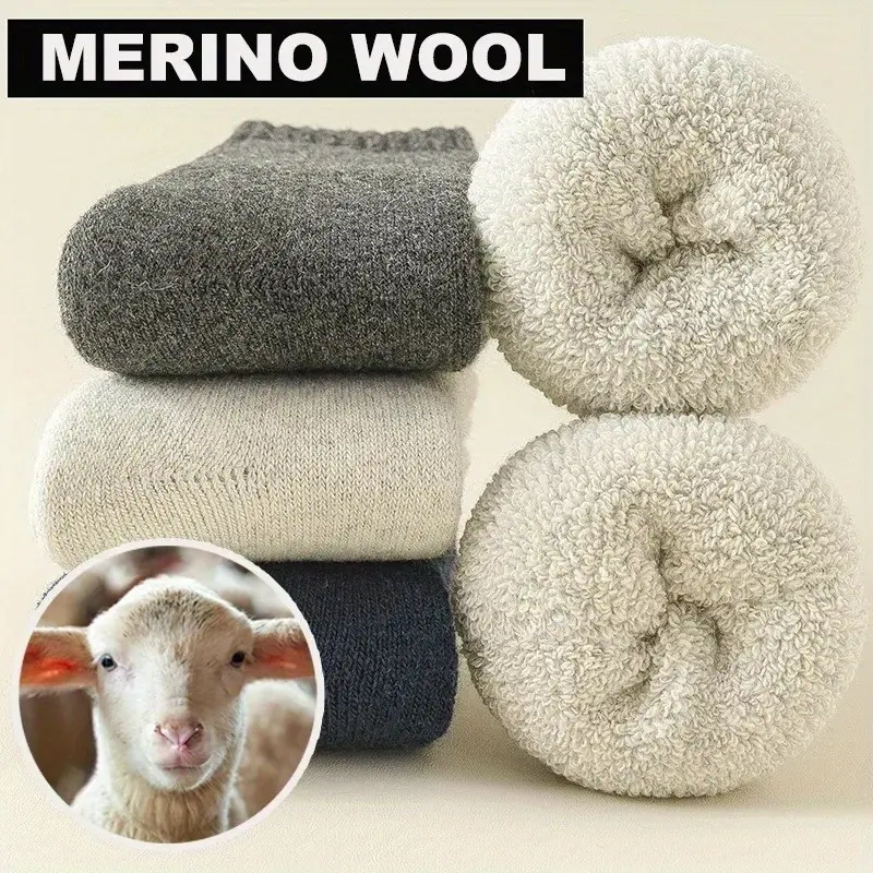Women's 3-Pair Thick Fleece Thermal Socks, Merino Wool Cashmere Terry Loop, Solid Colors Winter Snow Christmas Gift, Beige, Three Pairs