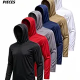 6Pcs Men's Quick-Dry Hooded Long Sleeve Athletic Hoodies - Ice Textured Breathable Moisture-Wicking Fabric, Sun-Wind Protection, 4-Season Comfort, Machine Washable, Regular Sports Fit - For Hiking, Going Out