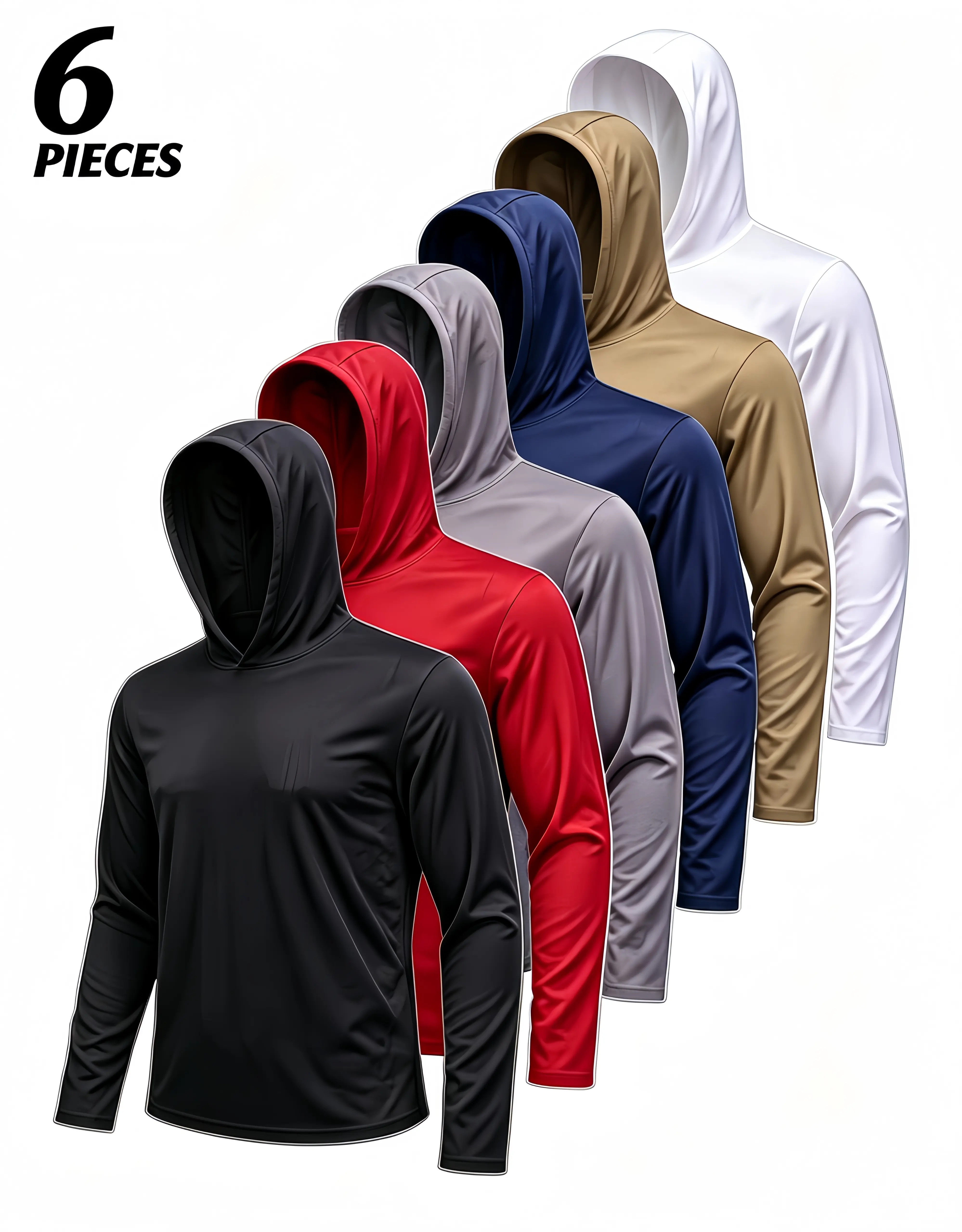 6Pcs Men's Quick-Dry Hooded Long Sleeve Athletic Hoodies - Ice Textured Breathable Moisture-Wicking Fabric, Sun-Wind Protection, 4-Season Comfort, Machine Washable, Regular Sports Fit - For Hiking, Going Out