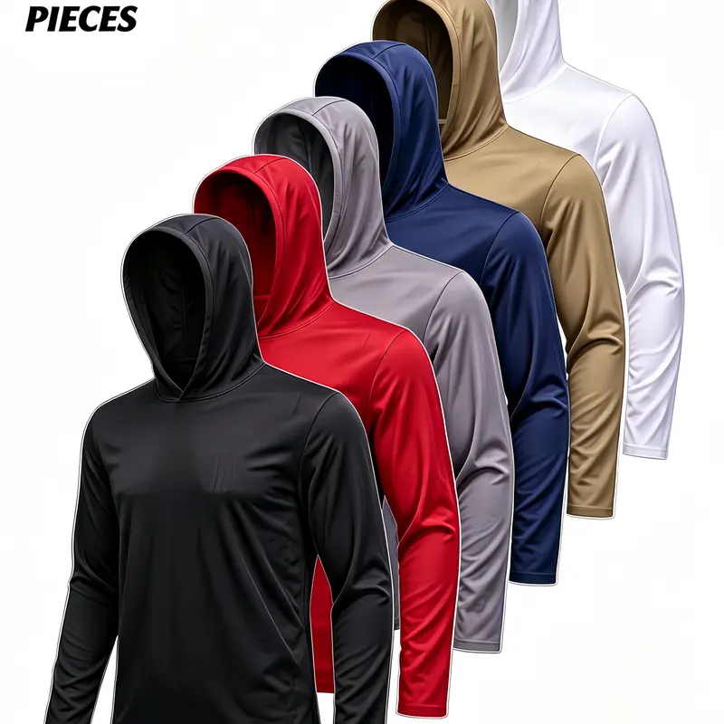 6Pcs Men's Quick-Dry Hooded Long Sleeve Athletic Hoodies - Ice Textured Breathable Moisture-Wicking Fabric, Sun-Wind Protection, 4-Season Comfort, Machine Washable, Regular Sports Fit - For Hiking, Going Out