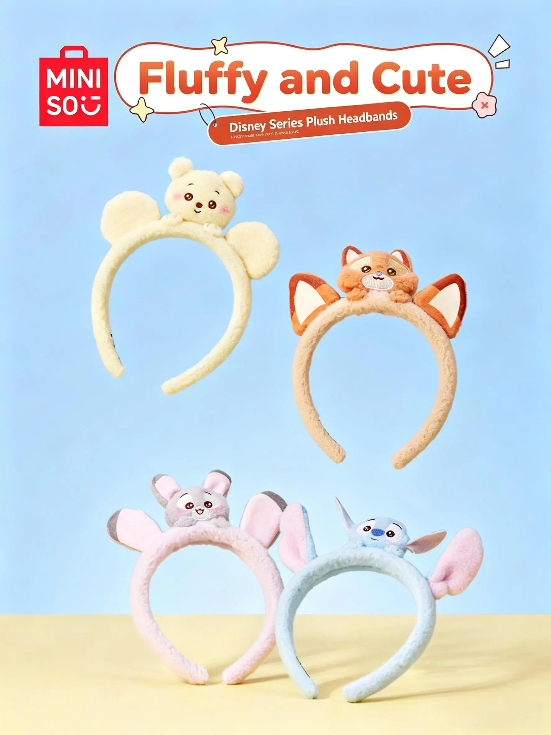 MINISO x Disney Cartoon Plush Headband | Adorable Nick, Judy, Stitch & Winnie the Pooh Ear Hairbands, Ultra Soft Fluffy Hair Hoops Ideal for Skincare, Makeup Application & Disney Travel, Lovely Present for Girls ,Back to school