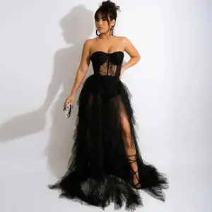 summer work outfit Sexy Tulle Cascading Ruffles Evening Long Dresses for Women Elegant Off Shoulder Strapless Croset Lace Maxi Dress Ball Gown Formal Womenswear