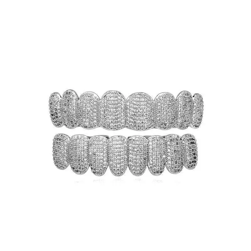 Jinao Super Flash Micro-Inlaid Copper Zircon Gold Tooth Socket Grillz Cross-Border Wholesale Cool Men's Fashion Hip Hop Rap Accessories Golden Oral