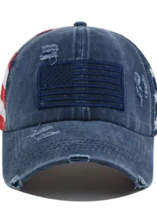 Pure Cotton Washed Hole Five-Point Star American Flag Fitted Baseball Cap, Casual Ponytail Hat for Men & Women, All Seasons Wear