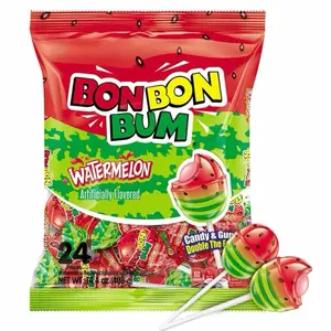 Bon Bon Bum Watermelon Flavor Lollipops 24 Pack Artificially Flavored Candy Treats with Bubble Gum Filling Made in Colombia