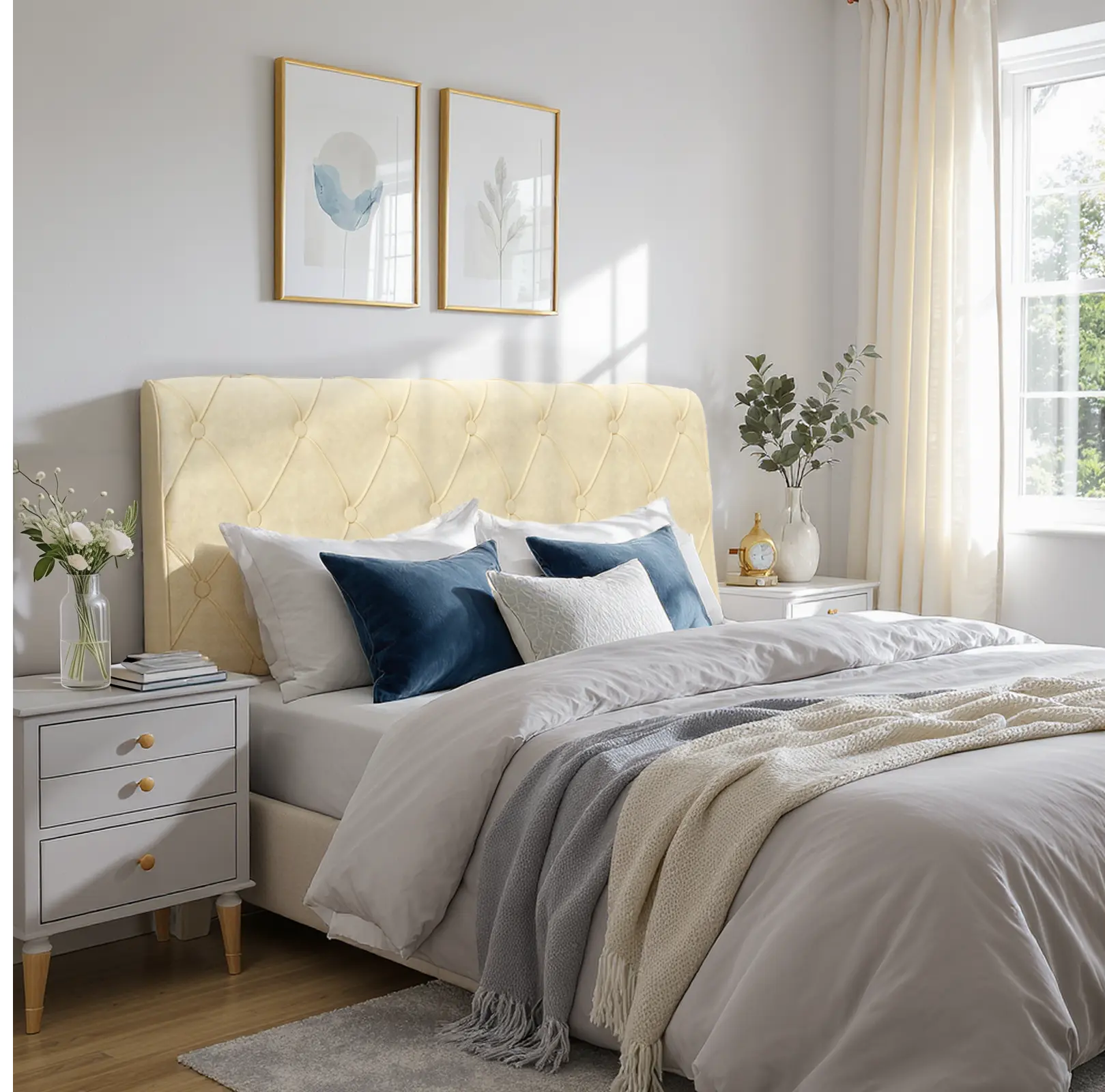 Fabric Upholstered Tufted Headboard Pillow - Button-Tufted, Soft Foam-Padded, Pocketed Storage Pockets, Queen/King Bed Cover, Sleep/Read Comfort Support