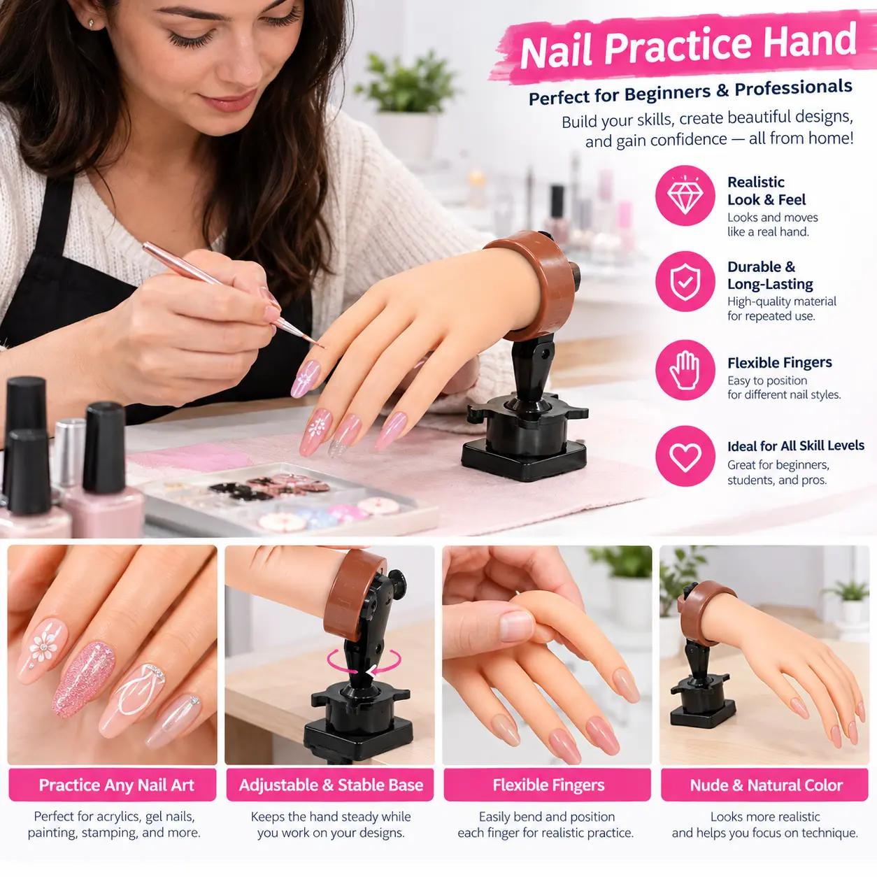 Practice Hand for Acrylic Nails,Mannequin Hands for Nails Practice,Nail Art Hand Nail Training Hand Nail Fake Hand Nail Hand Practice Acrylic Nail Hand 1Pcs Nude Hand