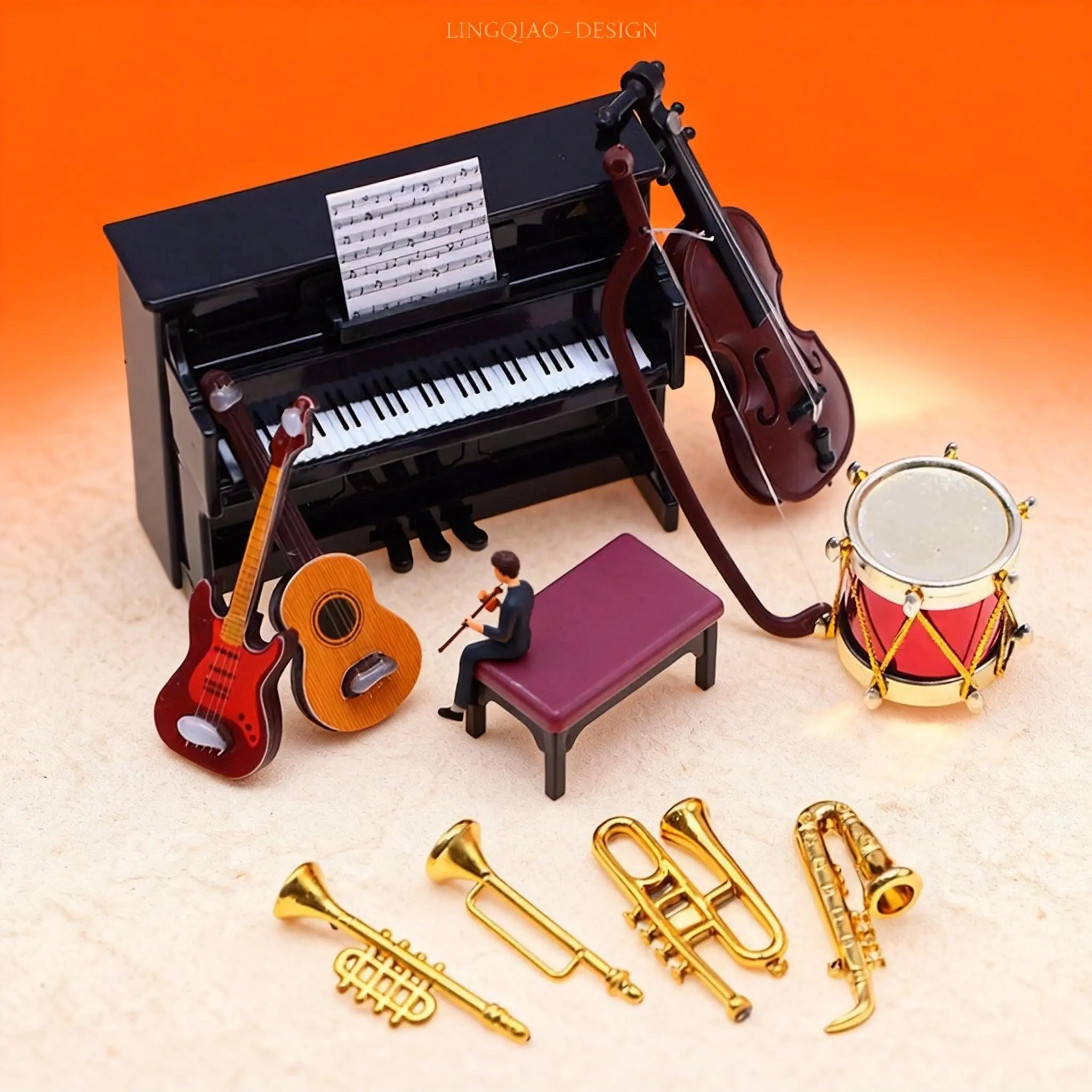 Classical Instrument Model Set, 1:12 Scale Resin Decorative Miniature Models Statues, Figurines Decor, Home Decoration Collectible, Includes Piano Guitar Violin Saxophone, Perfect for Decoration and Display Ornaments, Figurines for Collectors