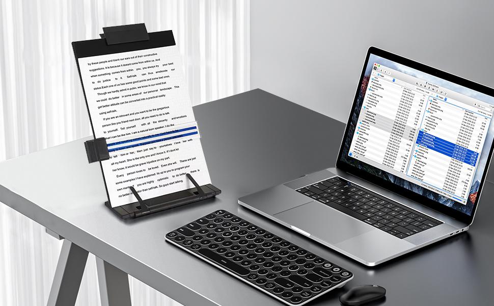 Desktop Document Holder Stand with 7 Adjustable Positions Black Metal File Organizer for Reading Typing Speech with Paper Clip and Line Guide