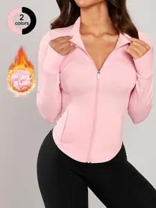 Women's Fleece Lined Fall Winter, Stand Collar Finger Tip Design, Zipper Dual Arc Curve Waist Cinching, Comfort Yoga Gym Running Cycling Golf Tennis, Yoga Jacket Top