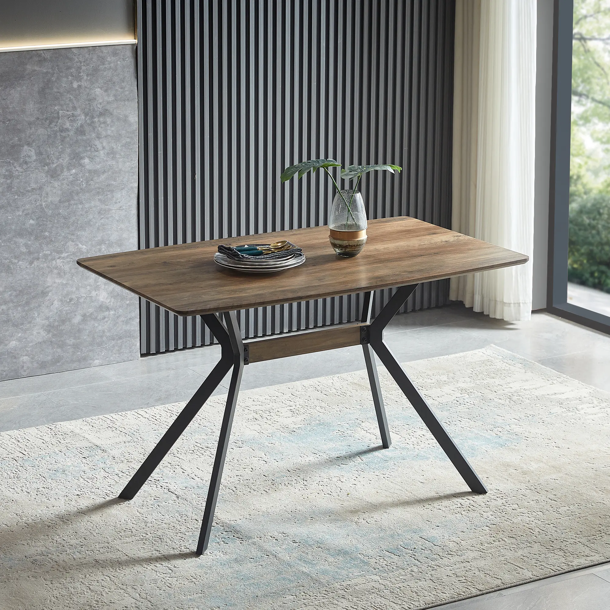 Modern Minimalist Dining Table - MDF Wooden Top, Black Metal Shelf, Heat-Transfer Legs, Leveling Ft - Suitable for Dining Rooms, Kitchens