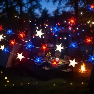 4th of July Solar Independence Day Decorations, Red White and Blue Star String Lights, 8 Modes Patriotic LED Outdoor Lights for Memorial Day & USA 250th Anniversary