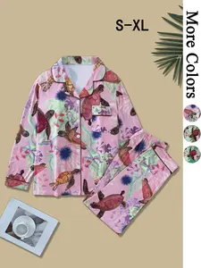 Women's All Over Turtle Print Pajama Two-piece Set, Casual Comfy Long Sleeve Lapel Neck Pocket Shirt & Pants PJ Set, Ladies Sleepwear for All Seasons, Loungewear, Pajamas Lounge Set