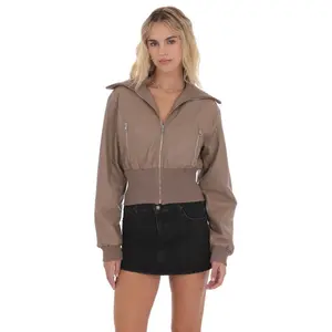 Cinched Faux Leather Bomber Jacket in Light Brown