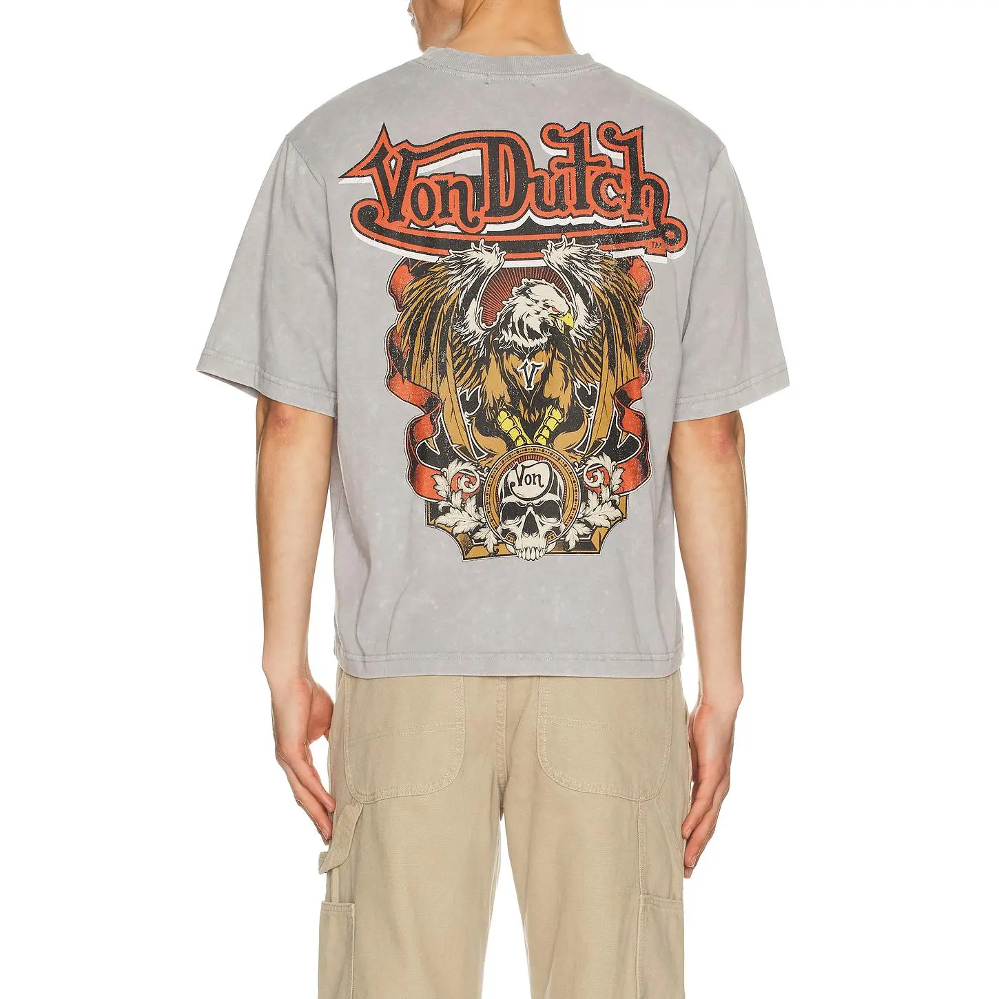 Von Dutch Eagle Skull Boxy Crop Tee in Grey Mineral Wash Unisex 