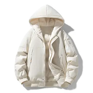 Men's New Autumn Winter Casual Solid Color Hooded Long Sleeve Warm Cotton Coat with Zipper Pockets