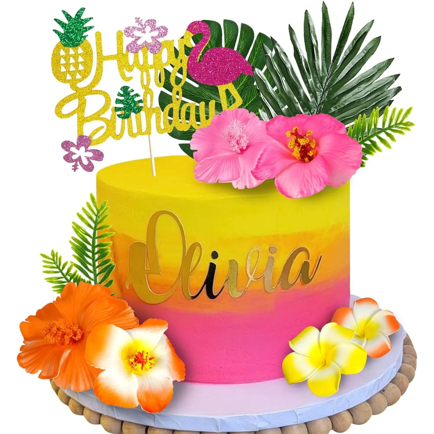 XY-SO13 Plastic 13-Piece Vivid Colors Floral Hawaiian Cake Topper Set - Palm Leaves, Hibiscus Flowers for Happy Birthday, Anniversary, Baby Shower Cake Decor, Home Supplies Gift (Type 2)
