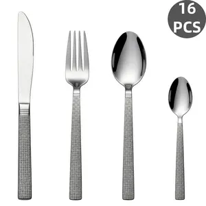 16Pcs Woven Pattern Embossed Handle Stainless Steel Cutlery Set, Mirror Polished Flatware Silverware with Knife Fork Spoon Dessert Spoon, Rustproof Dishwasher Safe Tableware for Home Kitchen, Family Meals & Holiday Gifts