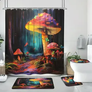 Mushroom Pattern Bathroom Decor Set, 1 Shower Curtain & 1 Toilet U-shape Mat & 1 Rectangular Mat & 1 Toilet Lid Cover, Bathroom Decor Supplies