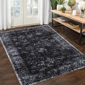 10x13 Washable Non-Slip Vintage Area Rug - Soft Pearl Velvet, Low Pile, Distressed Print, Non-Shedding - Perfect for Bedroom, Living Room, Black