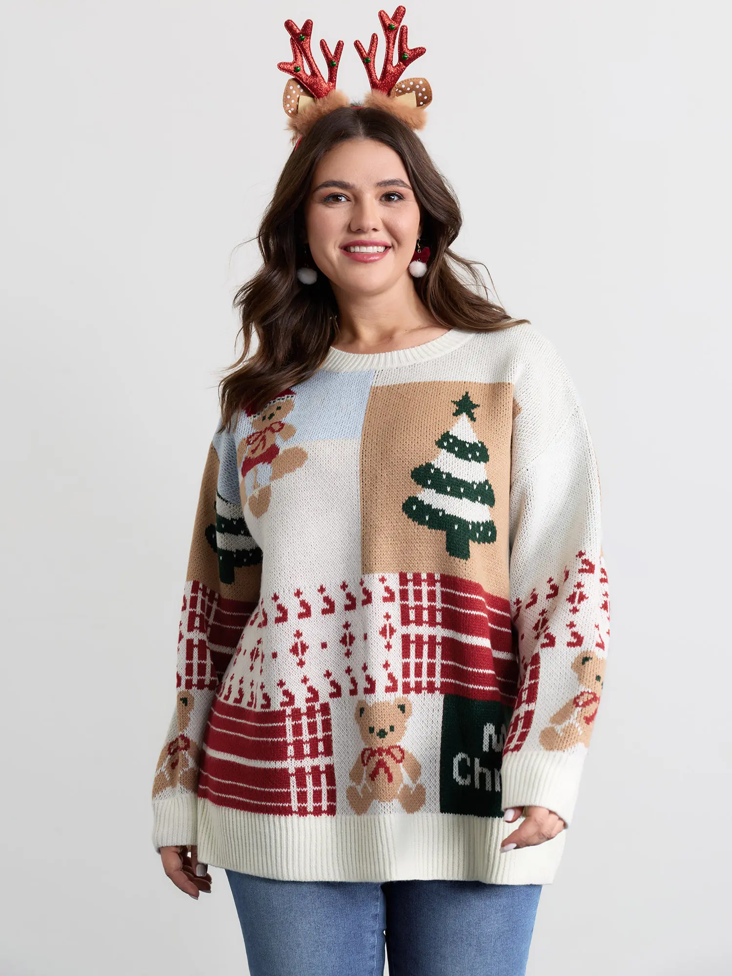 BloomChic Women's Playful Christmas Jacquard Weave Sweatshirt with a Loose Fit, Round Neck, and Drop Shoulders