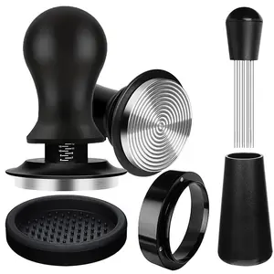 51/53/58mm Espresso Coffee Tamper Press Kit with 4 Accessories, Coffee Equipment, Aluminum Handle Stainless Steel Base and Ajustable Spring Pressure, Perfect for Home Brewing and Coffee Lover