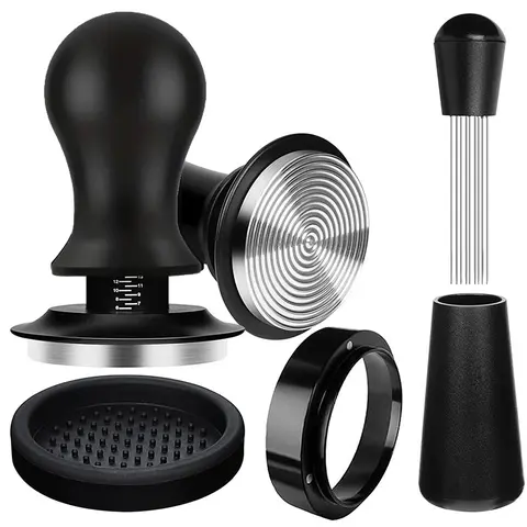 51/53/58mm Espresso Coffee Tamper Press Kit with 4 Accessories, Coffee Making Tool, Coffee Equipment, Coffee Tools, Aluminum Handle Stainless Steel Base and Ajustable Spring Pressure, Perfect for Home Brewing and Coffee Lover