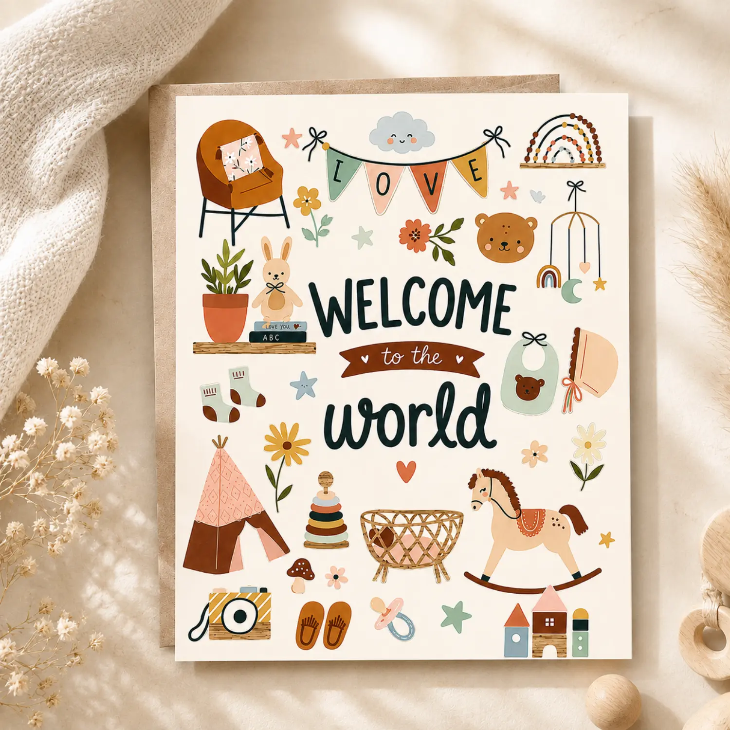 Welcome to the World Baby Greeting Card, Gender Neutral Newborn Congratulations, For Baby Shower and New Parents (5x7 inches)