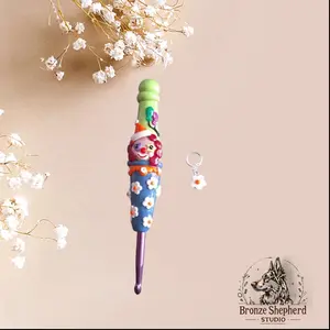 Polymer clay colorful daisy clown crochet hook / circus clown crochet hook / floral crochet hook knitting accessory