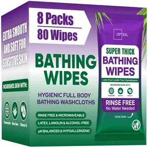 OPTEEL Super Thick Bathing Wipes for Adults Bathing No Rinse – Full Body Shower Wipe, Ideal for Men, Women & Elderly – Extra Large & Soft Travel Wipes Perfect Alternative to Shower – 8 Packs (80ct)