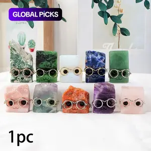 Random Color Natural Crystal Gemstone Pet Figurines with Glasses, 1/3/5 Counts DIY Handmade Crystal Carving Fengshui Sculptures, Pet Memorial Ornaments, Home Garden Decor Natural Crystal Set #GLOBAL PICKS