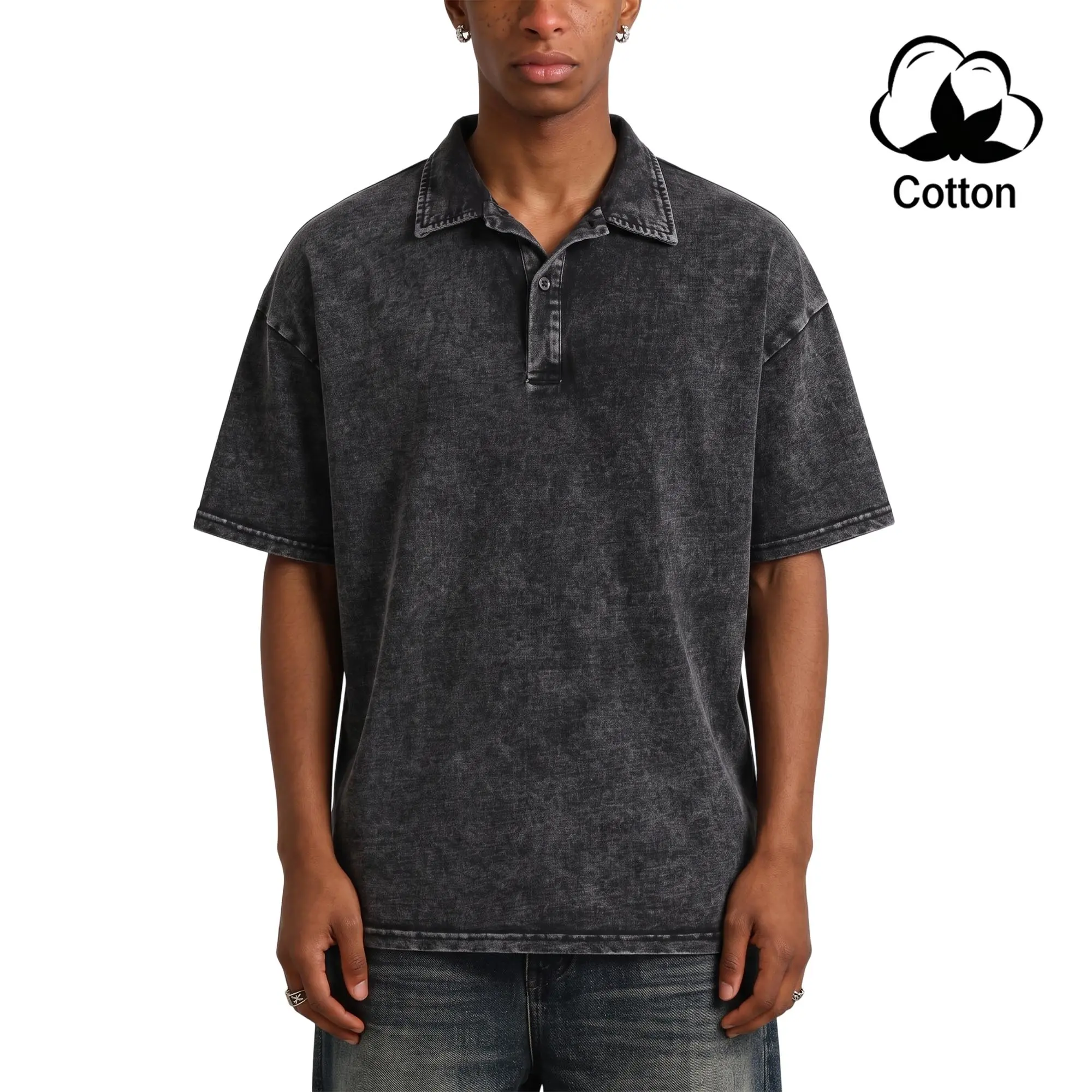 Men's vintage washed polo shirt, 100% cotton, turn-down collar, half button placket, short sleeves.Soft, flowy fabric that’s lightweight, breathable, and casual—an everyday streetwear top for summer.