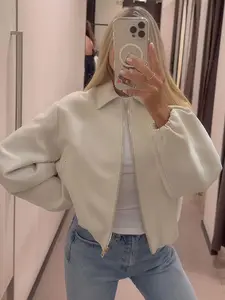 Women's 2025 New Fashion Casual Long Sleeve Oversized Zipper Bomber Jacket Streetwear Outerwear, Available in White & Black