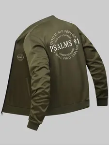 Men's Letter Print Zip Up Pocket Bomber Jacket, Regular Fit Casual Fitted Jackets Long Sleeve Mock Neck Outerwear for Fall & Winter, Men's Clothes for Daily Wear, Zipper Jacket